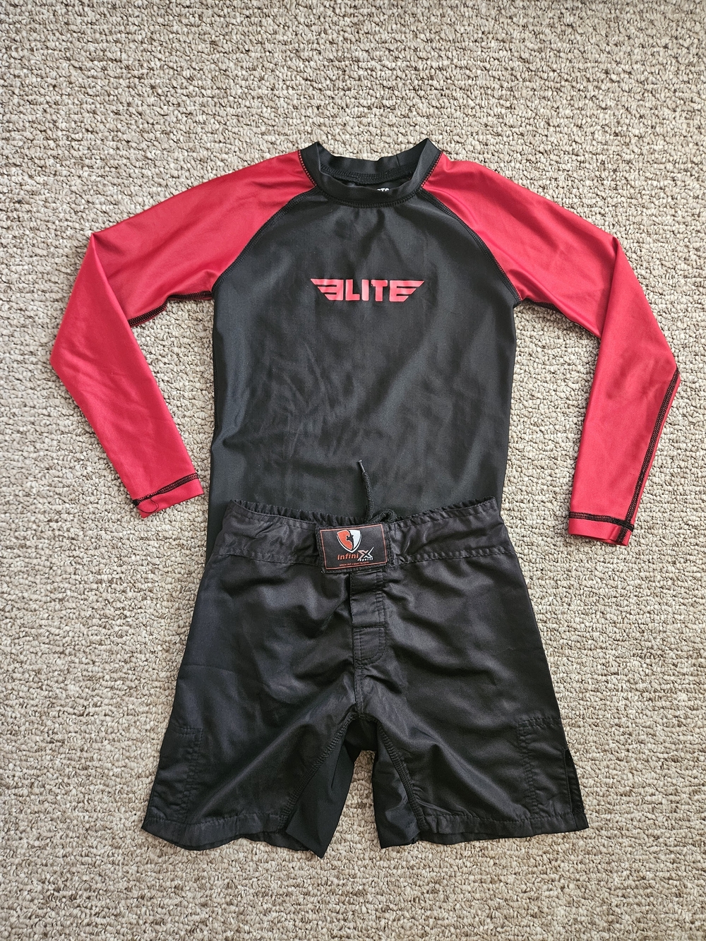 Kids Brazilian Jiujitsu BJJ Rash Guard and Grappling NoGi Shorts Set, M 8-10